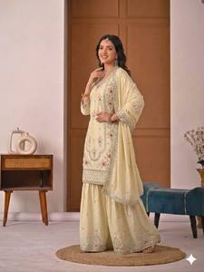 Traje Salwar Bordado en Crema para Mujer, Conjunto Kurti Palazzo Dupatta, Seda Artificial, Atuendo Festivo para Bodas y Fiestas - Product Image 2