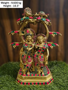 Estatua de Radha Krishna de Latón Hecha a Mano con Incrustaciones de Piedras de Colores, Ídolo del Dios Hindú, Decoración para el Hogar, Templo, Regalo, Figurita - Product Image 4