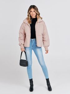 Women's Pink Quilted Jacket <b>Stand</b> Collar Full Sleeve Zipper Closure Solid Color Short Length Winter <b>Coat</b> - Product Image 1
