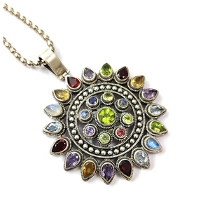 Vintage Floral Multi Stone <b>Pendant</b> 925 Sterling Silver Oxidized Finish Jewelry Wearable Party & Weddings - Product Image 3