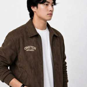Chaqueta Unisex Marrón con Capucha y Cierre, Patrón Geométrico, Tela Lavada, Corte Holgado, Bolsillos Bordados en el Pecho, Estilo Casual para Otoño - Product Image 2