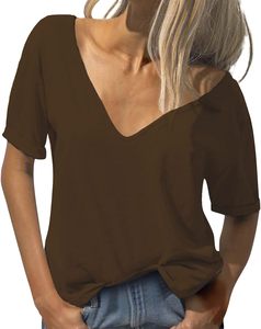 T-shirt vintage confortable pour femme, col en V, manches courtes, séchage rapide, léger, polyvalent, idéal pour l'été - Product Image 1