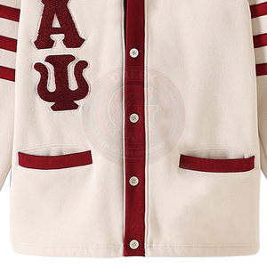 Cardigan blanc pour hommes KAP avec bordure rouge brodée, pulls tricotés pour femmes, vêtements universitaires, vêtements de collège, vêtements de sport - Product Image 5