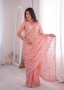 Sari en filet brodé de luxe pour femmes avec travail de sequins, tenue de soirée de créateur, mariage, festif, sari indien traditionnel - Product Image 3