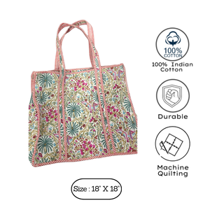 Sustainable Cotton Tote Bag Zipper Closure Handmade Floral Jaipur Block Print Shopping Bag For Work Travel Casual Gifting Office - Product Image 3