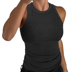 Camiseta sin mangas para mujer, estilo racerback, cuello alto, personalizada, acanalada, ajustada, tipo chaleco de verano, corte slim, deportiva, lisa, gris, camiseta sin mangas acanalada para mujer - Product Image 1