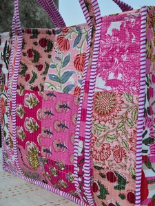 Handmade Indian Quilted Padded Cotton Bohemian Eco-Friendly <b>Foldable</b> Tote <b>Bag</b> for Women Straw Fiber Multipurpose - Product Image 3