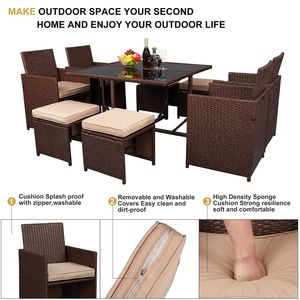 Offerta a Tempo Limitato: Set da Pranzo da Esterno in Rattan PE Effetto Legno a 9 Pezzi con Tavolo in Vetro Temperato per Hotel e Patii - Product Image 4