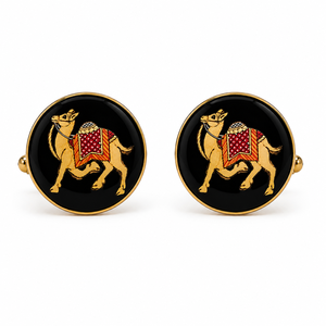 Gemelos de latón esmaltado con diseño de camello del desierto, hechos a mano estilo Rajasthan, para hombre, en negro y dorado, para bodas y eventos formales. - Product Image 2