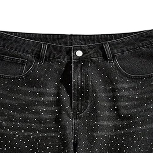 Short en jean décontracté coupe droite personnalisé pour hommes, nouveau style, couleur unie, avec strass, en gros, à vendre - Product Image 6