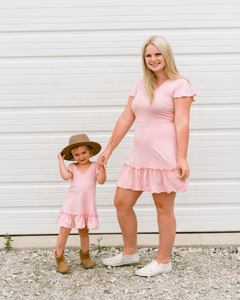 Soft & Comfortable Matching Mother & Daughter Pink Mini Dress Decor With Frill Sleeves & bottom Line Crafted from Soft Rayon - Product Image 1