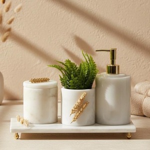 Reliable Marble Bathroom Set 3-Piece Round Minimalist Soap Dispenser <b>Toothbrush</b> <b>Holder</b> Tray Easy To Clean - Product Image 3