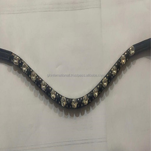 100% cuero genuino caballo ecuestre Fancy Brow Band con 1 fila de vidrio redondo plata y cristales negros Mega Bling Brow Band - Product Image 5