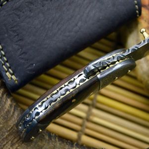 Cuchillo de Caza de Acero de Damasco con Hoja de Punta Caída, Mango de Cuero y Perilla para el Pulgar, Cuchillo Plegable de Supervivencia para Exteriores - Product Image 5