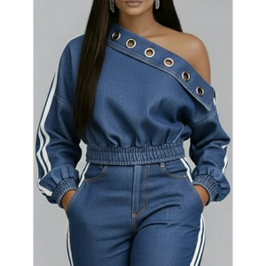 Conjunto de un solo hombro con adornos de ojales en azul denim - Product Image 4