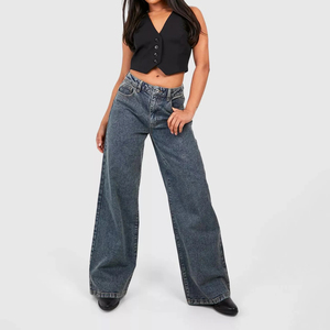 Jean baggy taille haute pour femme, coupe ample, jambe large, en denim uni foncé, style streetwear vintage, décontracté, avec boutons, personnalisable, vente en gros - Product Image 2