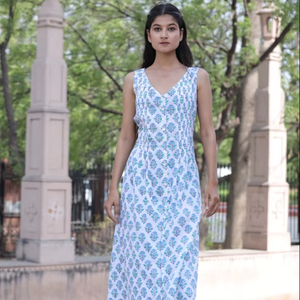 Indian Hand <b>Block</b> Floral <b>Printed</b> 100% Cotton Maxi Dress for Women Autumn Summer Travel Boho Beach Resort Wear Natural Waist - Product Image 1