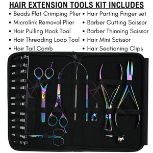 Multi Color <b>Micro</b> Ring Hair <b>Extension</b> Tool Bundle with Flat Crimper Removal Plier Barber Scissors Thinning Shears and Loop Hook - Product Image 2