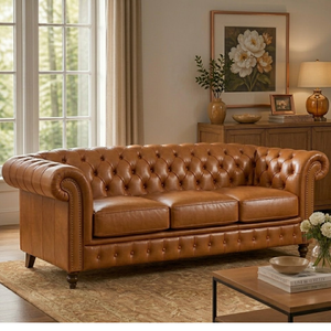 Sofá de 3 Plazas de Cuero Genuino de Lujo, Sofá Clásico Moderno, Muebles Cómodos y Duraderos para Sala de Estar, Villa y Hotel - Product Image 1