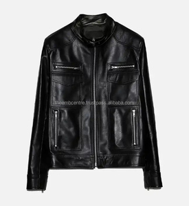 Latest Style Wholesale Men's <b>Slim</b> <b>Fit</b> Winter Canvas Leather <b>Jacket</b> Men's Band Collar Biker Leather <b>Jacket</b> for men - Product Image 1