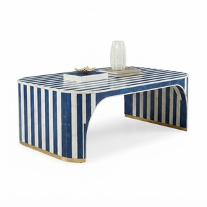 Mesa de centro redonda con incrustaciones de hueso hecha a mano, con diseño geométrico de mosaico y rayas amarillas, para la decoración del hogar y la sala de estar. - Product Image 4