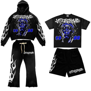 Conjunto de 4 Piezas con Estampado de Llamas Vintage Personalizado: Sudadera con Capucha, Pantalones Deportivos Anchos, Pantalones Cortos de Malla y Camiseta Oversize Estilo Urbano - Product Image 1