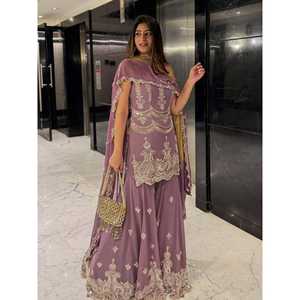 Ensemble de tenue de soirée élégante en tissu mousseline avec broderie lourde et sequins, taille XL, idéal pour mariage - Product Image 3