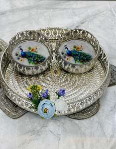 Luxurious Look Gold Coloured Brass Bowl Tray Set Handmade Rajasthan AARNA COLLECTION for Wedding Anniversary Gift <b>Red</b> Velvet <b>Box</b> - Product Image 1