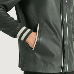 Blouson bomber en cuir PU vert pour homme, couleur unie, fermeture à boutons, col rabattu, coupe classique, vêtement d'automne - Product Image 5
