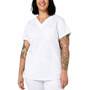 Women's Light Blue V-Neck <b>Scrub</b> <b>Top</b> Short Sleeve Front Pocket Cotton Polyester Woven Medical Hospital Nursing Healthcare Uniform - Product Image 3