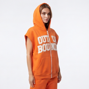 Women's Loose Fit Sleeveless Hoodie Front <b>Zip</b>-up Cotton Hoodies Women Distressed Embroidered Sleeveless Zipper <b>Hood</b> - Product Image 4