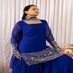 Ensemble Kurta Sharara en Georgette Brodé Bleu VASTRA COTTAGE avec Dupatta à Bordure en Dentelle, Tenue Traditionnelle Ethnique pour Femmes, Vêtements de Fête - Product Image 3