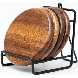 Teak Wood Coaster Set with <b>Black</b> Steel <b>Frame</b> | Handcrafted Minimalist Design Wholesale - Product Image 4