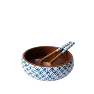 Ensemble de saladiers vintage en bois de manguier faits à la main avec des ustensiles imprimés en émail, écologiques et adaptés aux aliments, pour la maison et l'hôtellerie - Product Image 2