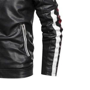 PREMIUM <b>MEN'S</b> BLACK PU <b>LEATHER</b> <b>JACKET</b> ZIP UP MOTORCYCLE OUTERWEAR WITH CONTRAST STRIPES CHEST ZIP POCKETS AND SIDE POCKETS - Product Image 4