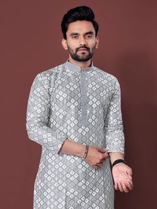 <b>Men's</b> Grey Printed Cotton <b>Kurta</b> Regular Fit Traditional Casual Wear India Pakistan Style All Seasons - Product Image 1