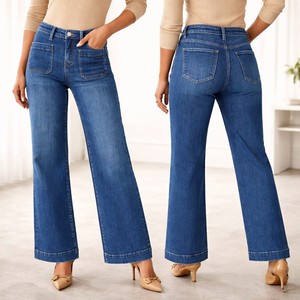 Pantalones Vaqueros Elásticos de Cintura Alta para Mujer, Pantalones Ajustados de Algodón, Pantalones de Pierna Ancha Casuales, Venta al Por Mayor - Product Image 1