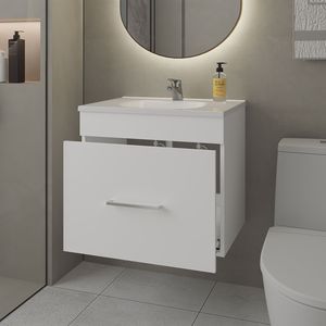 Mobile Bagno Sospeso Bianco con Lavabo e Cassetto, Serie Elegant Story - Product Image 3