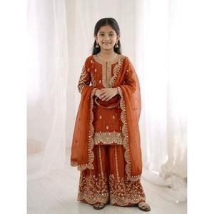 Girls Fendy <b>Silk</b> <b>Kurta</b> Palazzo Set with Dupatta Embroidery Sequence Work Kids Ethnic Wear Festive Wedding Party Designer Outfit - Product Image 1