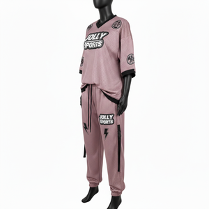 Conjunto de pantalón y camiseta de malla de poliéster premium GSM para mujer, transpirable, rosa y negro, con logo termotransferible. Conjuntos de pantalón y camiseta de malla para mujer. - Product Image 4