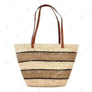 SAVANNAH Two-Tone Striped <b>Straw</b> Zipper Closure Cotton Lining Market Tote <b>Bag</b> - Product Image 5