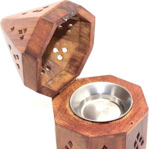 Handcrafted Hexagonal Wooden Bakhoor Burner Traditional Carved Wood Incense Censer with Hinged Lid and Stainless Steel Bowl - Product Image 3