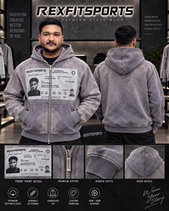 REXFITSPORTS 2026 <b>Men</b>’s Washed <b>Grey</b> Oversized Zip Up Hoodie Custom Photo Graphic Print Premium Cotton <b>Fleece</b> Streetwear Jacket - Product Image 1