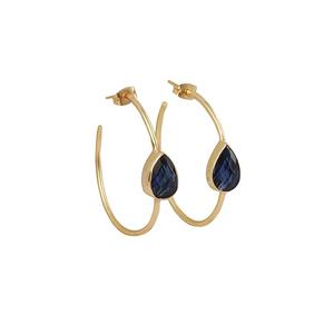 Pendientes de aro de iolita chapados en oro, conjunto de piedras preciosas de pera azul, pendientes llamativos, joyería para fiesta, pendiente de diseñador de mano, joyería de aro - Product Image 1