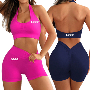 Women's 2-Piece Sports Set Solid Color Halter Crop Top <b>High</b> Waist Biker Shorts Spandex/Nylon Quick Dry All Seasons - Product Image 1