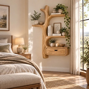 Wooden Contemporary Unique Handmade Wooden <b>Wall</b> Shelf with Multi Shelves and Drawers <b>Bookcase</b> for Home Office Study Room - Product Image 1