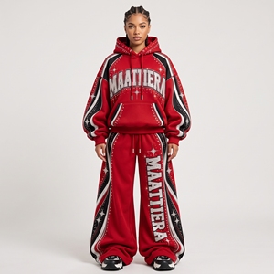 <b>Womens</b> Red Rhinestone Tracksuit Set Oversized Hoodie Wide Leg Sweatpants Black White Panel Custom Streetwear <b>Outfit</b> - Product Image 1