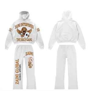 Conjunto Deportivo para Hombre de Felpa de Algodón y Poliéster de 380 GSM, Sudadera Blanca con Capucha, Pantalón de Pierna Ancha, Estampado Puff, Bordado DTF, Logotipo Personalizado OEM ODM - Product Image 1
