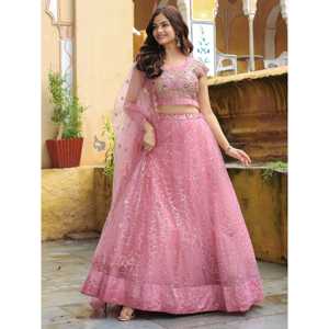 Adorable Lehenga Choli Rosa con Lentejuelas y Malla, Semi-Confeccionado, 2 kg, con Dupatta, para Compromiso - Product Image 5