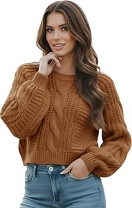 Women's Cropped <b>Cable</b> Knit Sweater, Soft and Warm Long Sleeve Pullover, Casual Knit Top for Fall Winter - Product Image 4